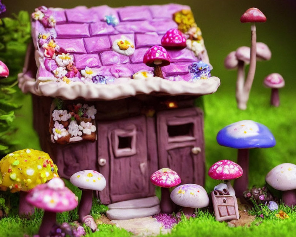 Miniature purple-roofed house in magical fairy-tale setting