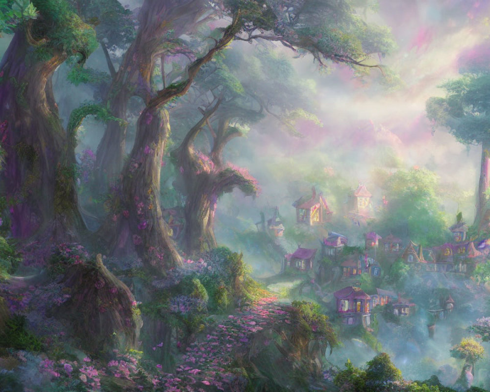 Enchanting forest with ancient trees and whimsical houses in a mystic haze
