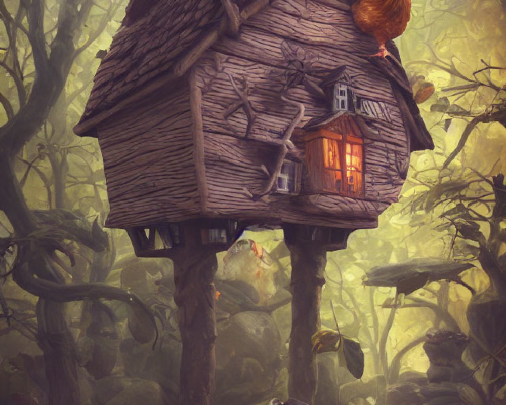 Whimsical treehouse with lights and rooster in misty forest