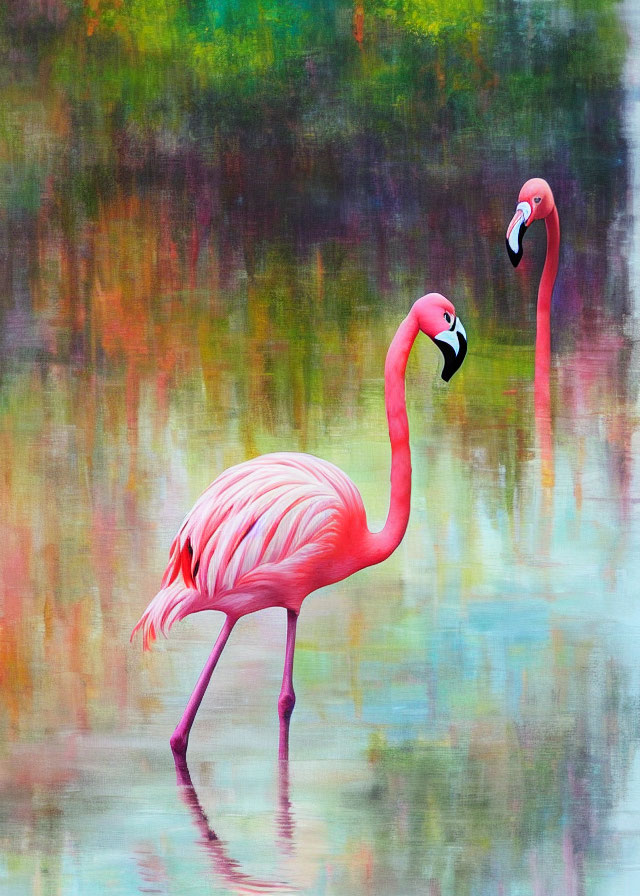 Vibrant flamingos in water with reflective backdrop