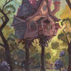 Whimsical treehouse with lights and rooster in misty forest