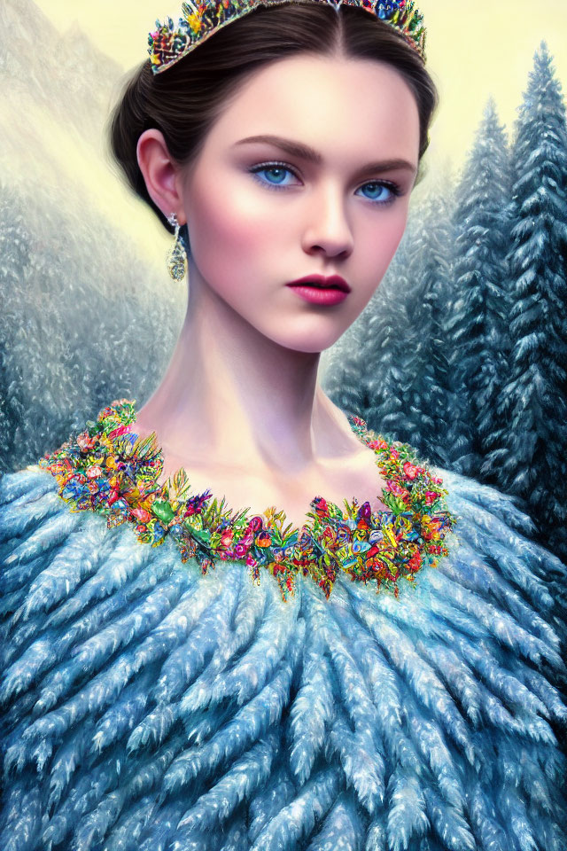 Woman with Blue Eyes and Floral Crown in Feathered Gown in Forest Setting