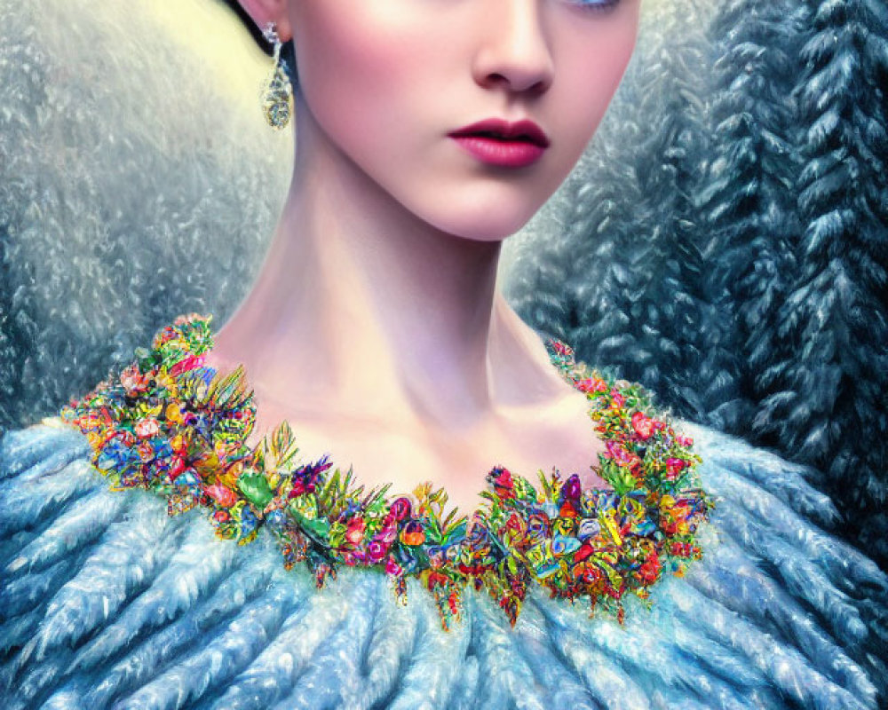 Woman with Blue Eyes and Floral Crown in Feathered Gown in Forest Setting
