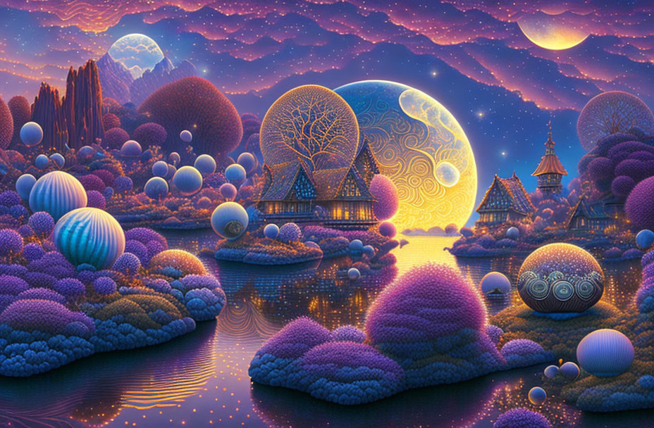 Fantasy landscape at night with unique structures and dual moons