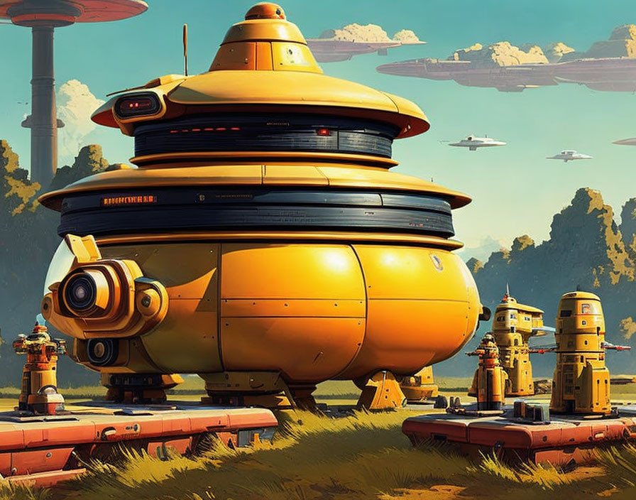 Retro-futuristic yellow buildings and spacecraft in clear sky