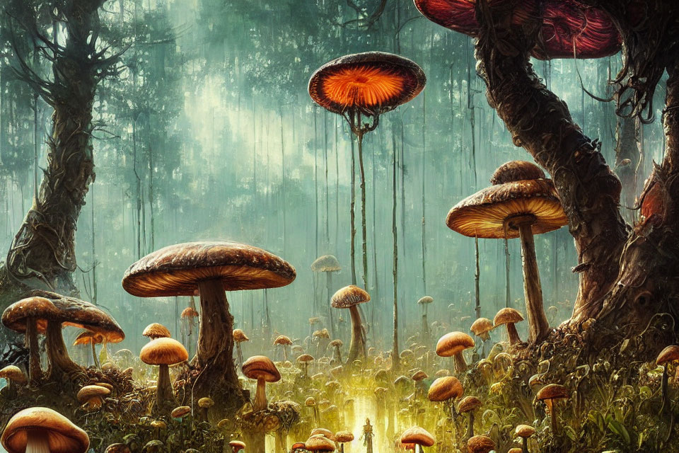 Fantasy mushrooms in misty sunlit forest