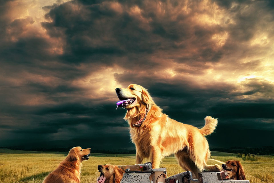 Golden retriever with toy on rustic trailer under dramatic sky