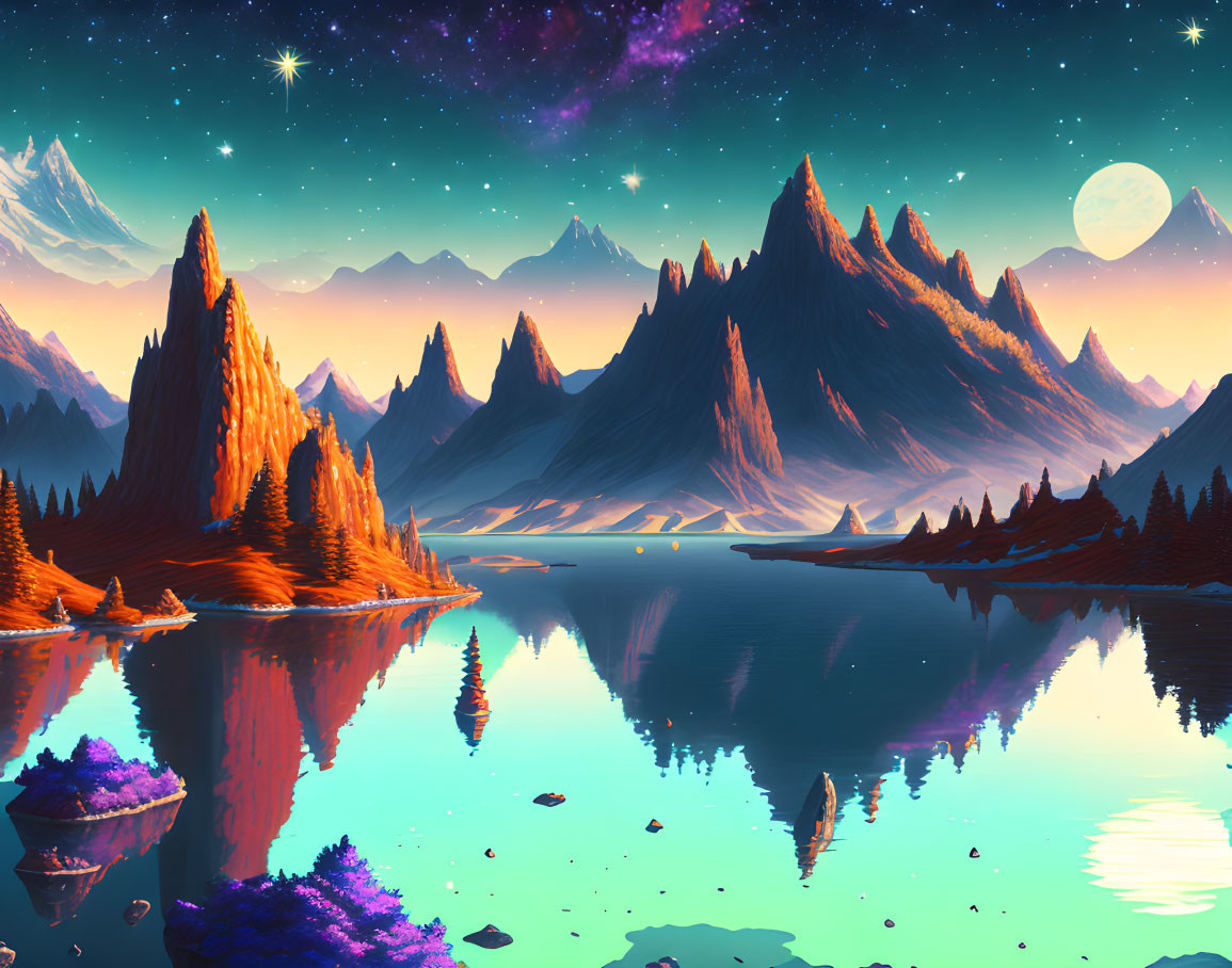 Fantastical landscape with towering mountains, serene lake, autumnal trees