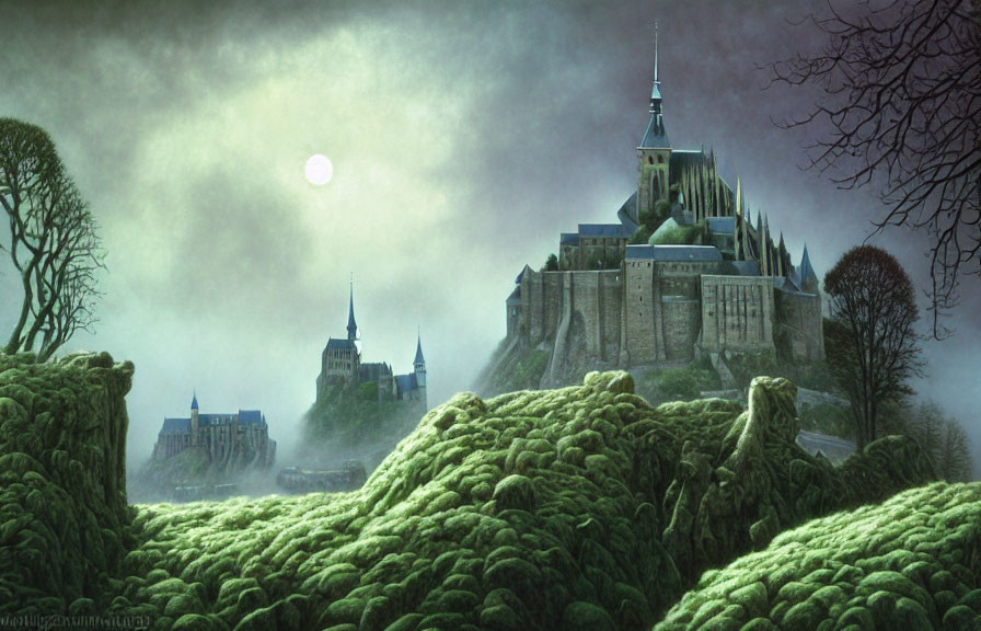 Gothic castle on hillside with bare trees and pale moon