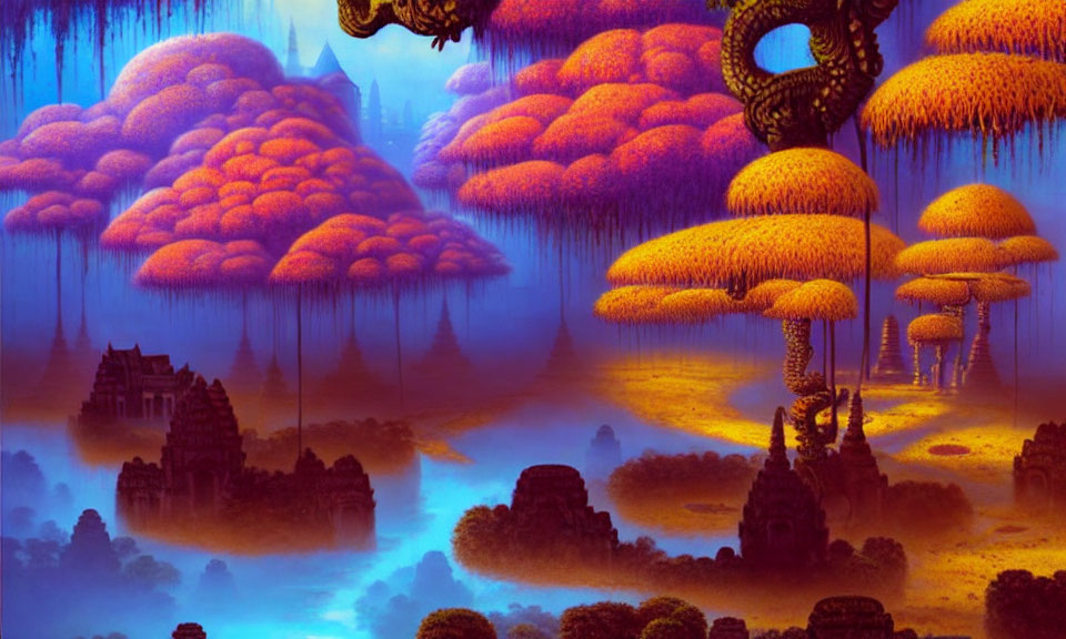 Fantastical landscape with orange mushroom trees and misty blue background.
