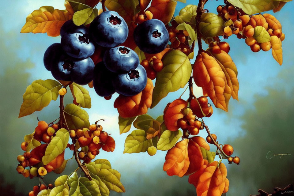 Realistic Blueberries and Orange Berries with Green Leaves on Soft Background