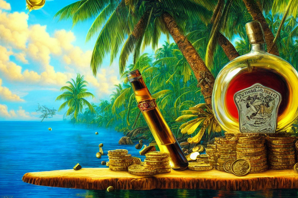Still life artwork featuring bottle, glass of rum, gold coins, palm trees, ocean view, pirate