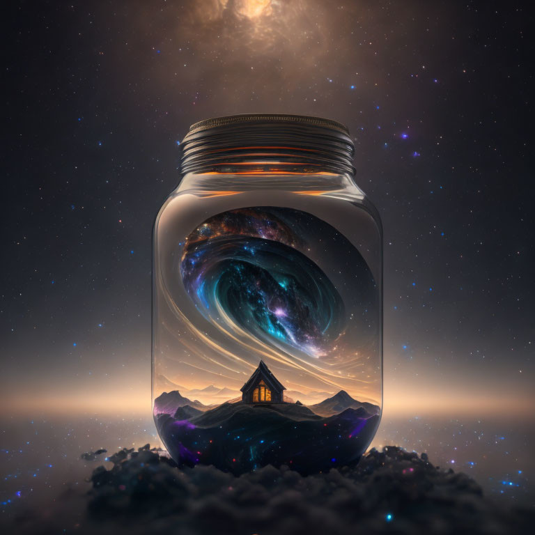 Galaxy swirling in glass jar on mountain ridge under starry sky