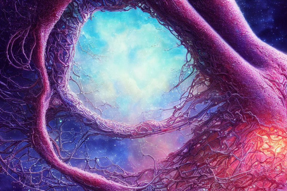 Vibrant cosmic scene with twisted tree-like structure