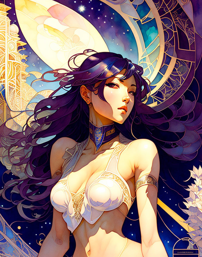 Fantasy woman with dark hair and ethereal tattoos in cosmic setting