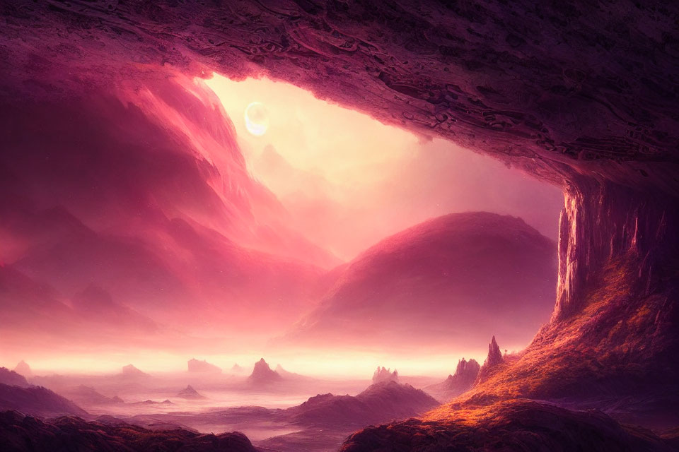 Fantastical landscape with pink and purple sky viewed from cave