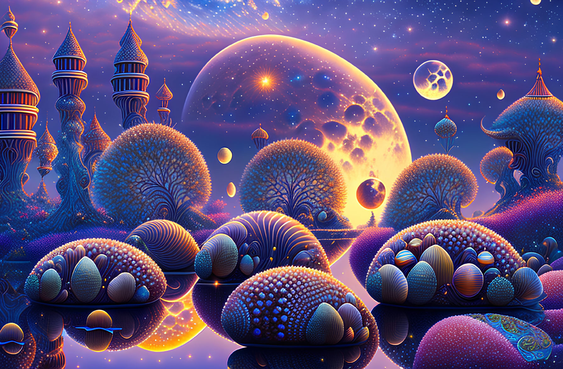 Colorful whimsical landscape with moon, trees, and water under starry sky