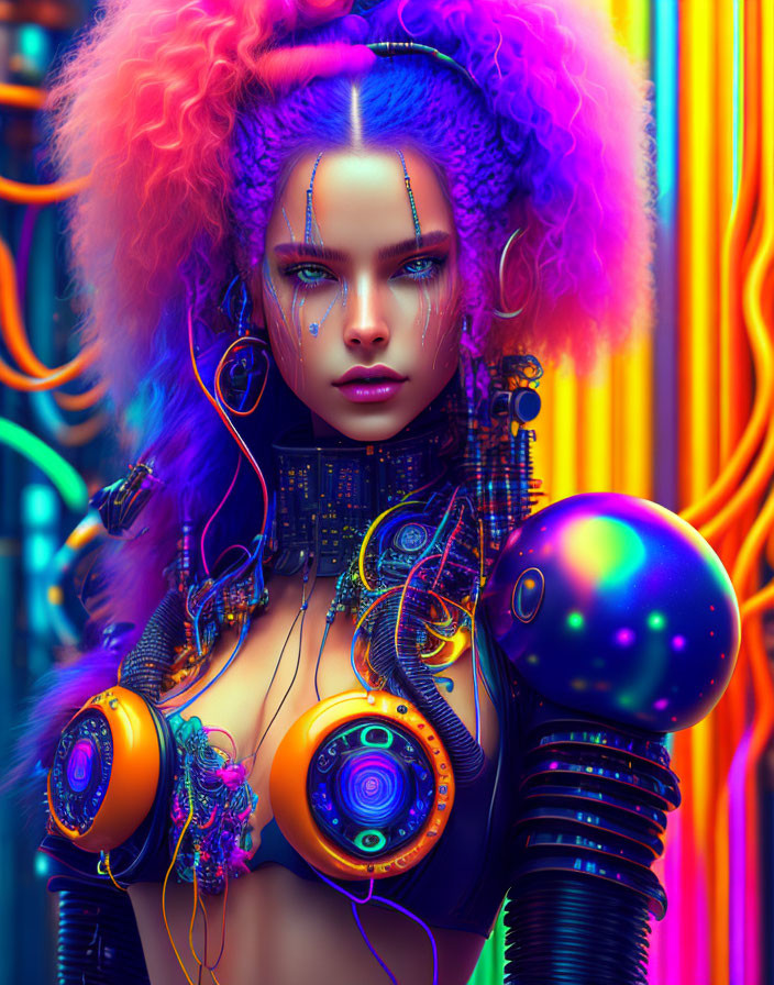 Futuristic female figure with purple hair and cybernetic enhancements in vibrant neon setting