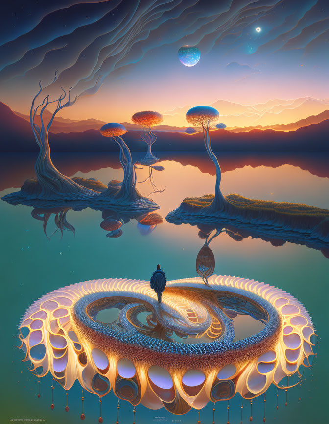 Intricate circular platform with water, planets, nebulae, and mushroom-like trees