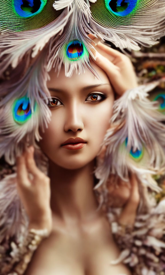Woman adorned with colorful peacock feathers and striking eyes