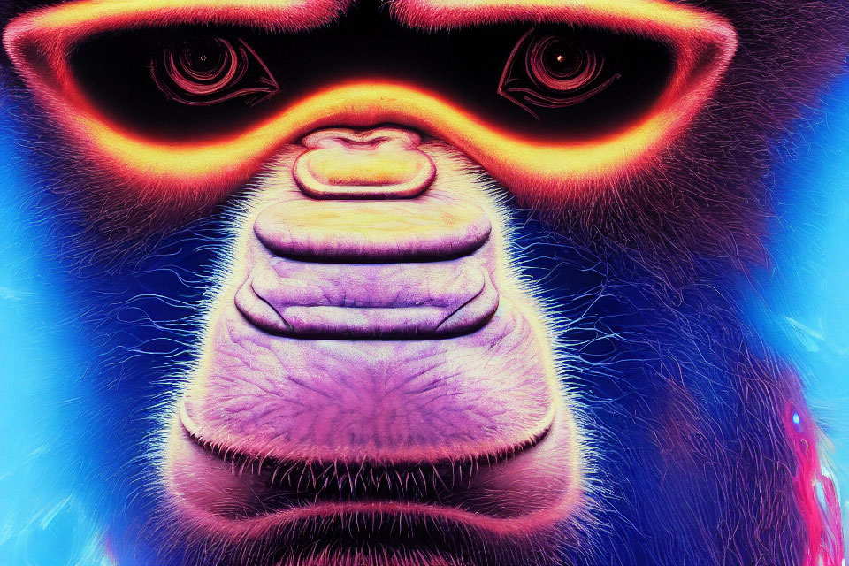 Vibrant gorilla face artwork with blue and pink hues
