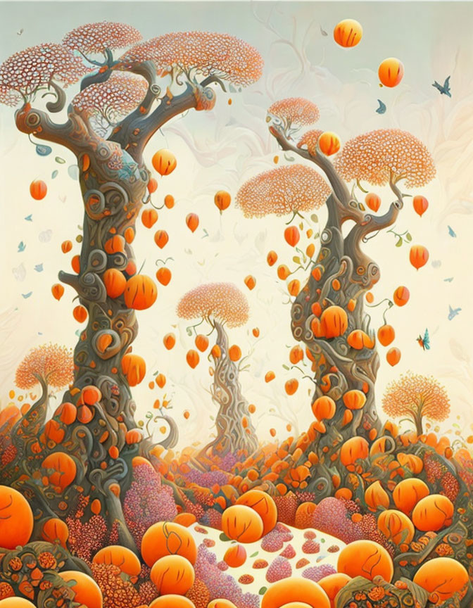 Whimsical tree illustration with pumpkin-like fruits and glowing light
