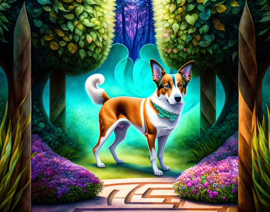Illustration of Corgi in Vibrant Garden with Glowing Lights