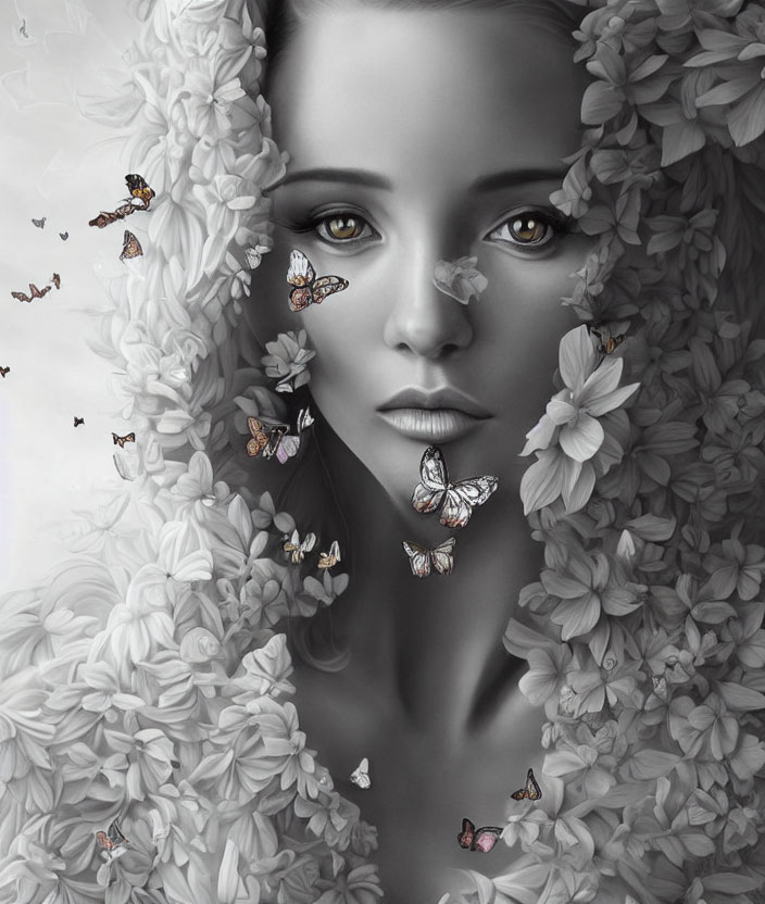 Monochromatic portrait of woman with flowers and butterflies