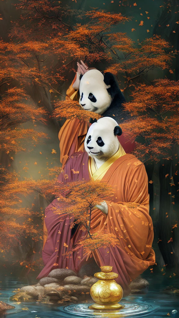 Two people in panda and monk outfits meditate with golden pot in autumn leaves