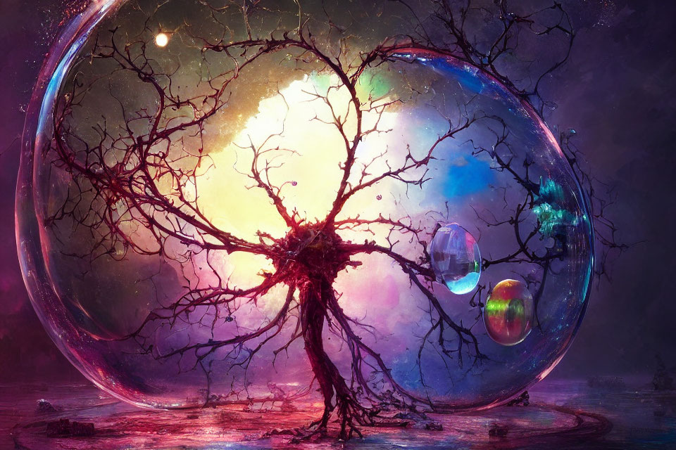 Fantasy artwork of tree in bubble with celestial bodies at dusk