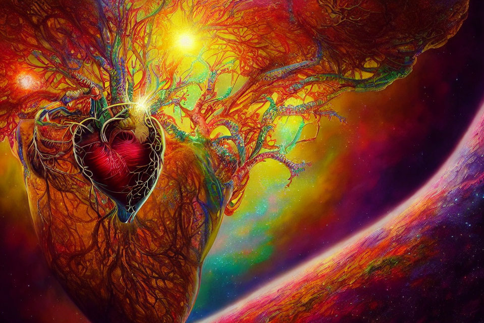 Colorful digital artwork: Heart-shaped tree in cosmic setting