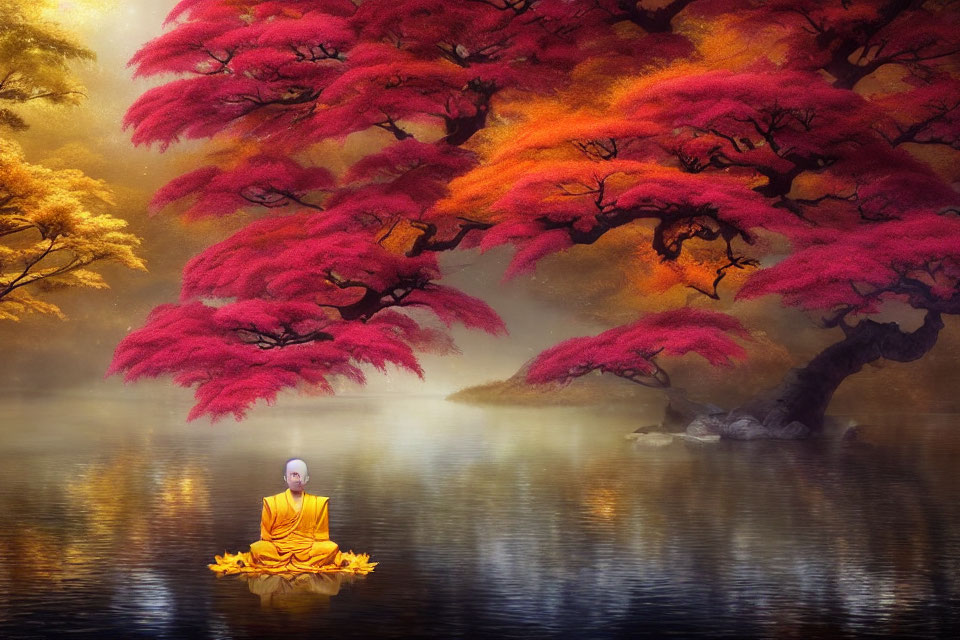 Monk meditating by serene lake with red and golden foliage