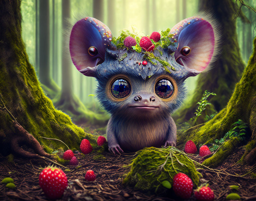 Fantastical creature with sparkling eyes and oversized ears in mossy forest