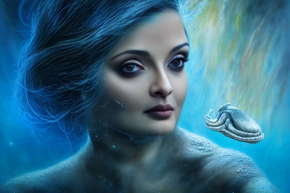 Fantasy portrait of a woman with blue hair and octopus underwater