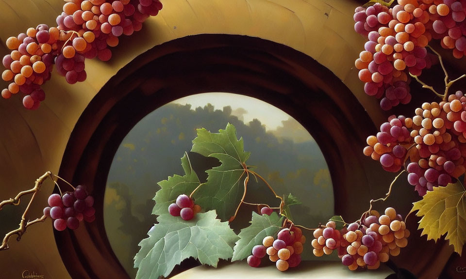 Grape clusters and leaves in stone archway framing pastoral landscape