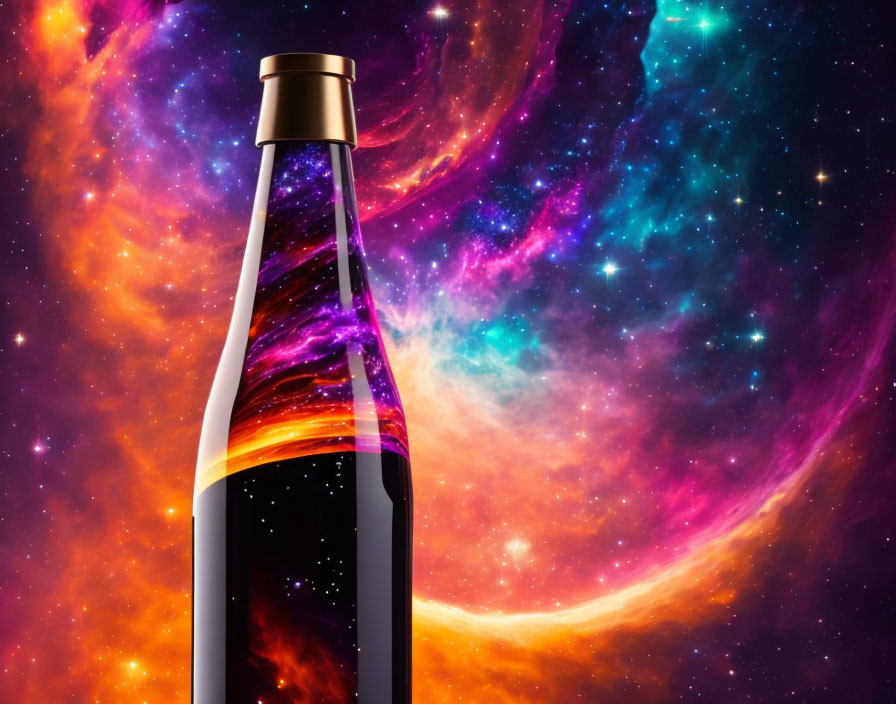Golden-necked bottle against cosmic backdrop with nebulas and stars.