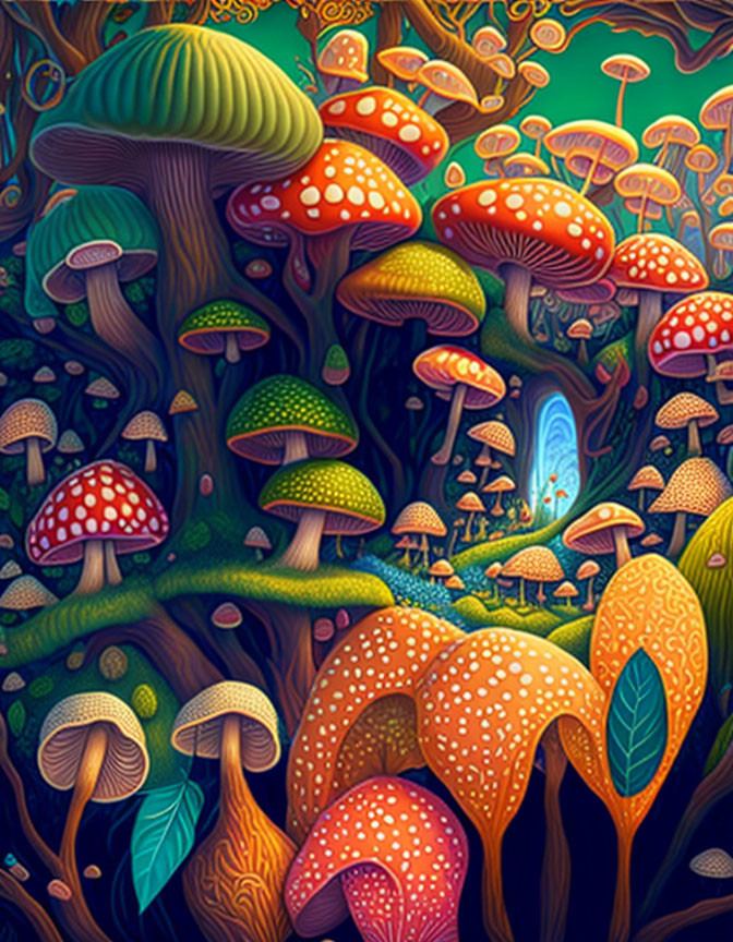 Colorful Mushroom Forest Scene with Mystical Glow