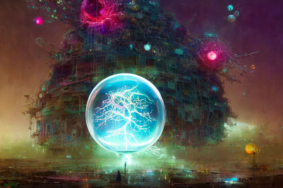 Futuristic neo-structure with floating orbs and glowing sphere in neon-lit sky
