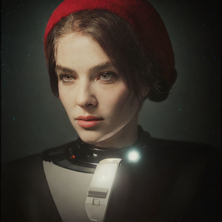 Person in Red Beret with Futuristic Neck Device in Starry Background