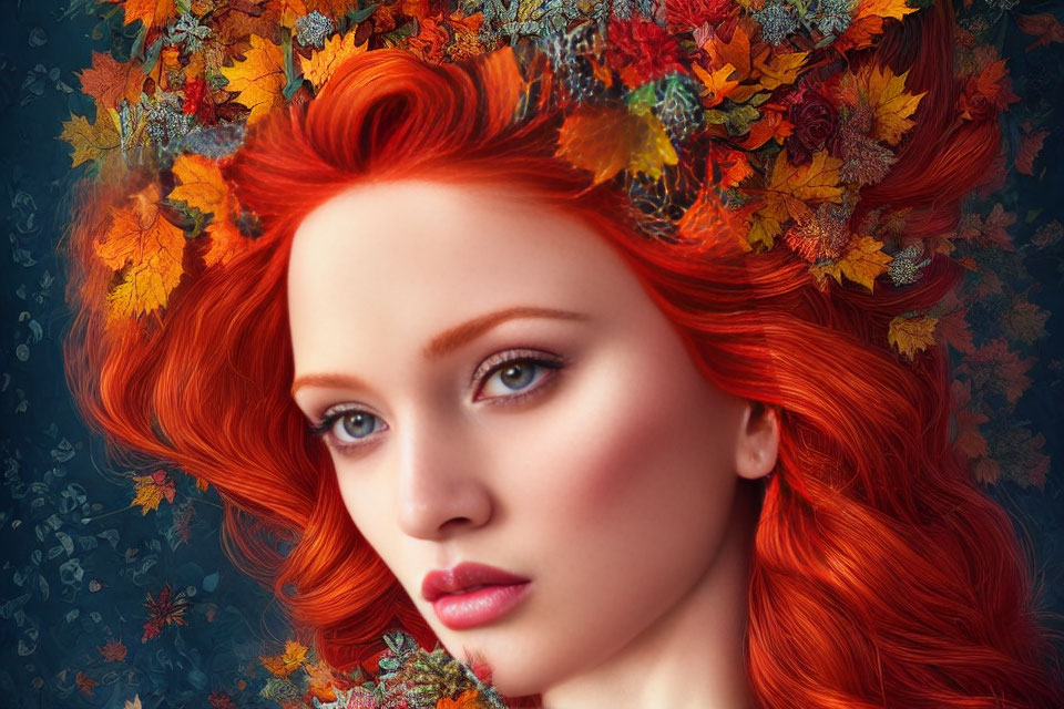 Vibrant red hair woman portrait with autumn leaves on blue background