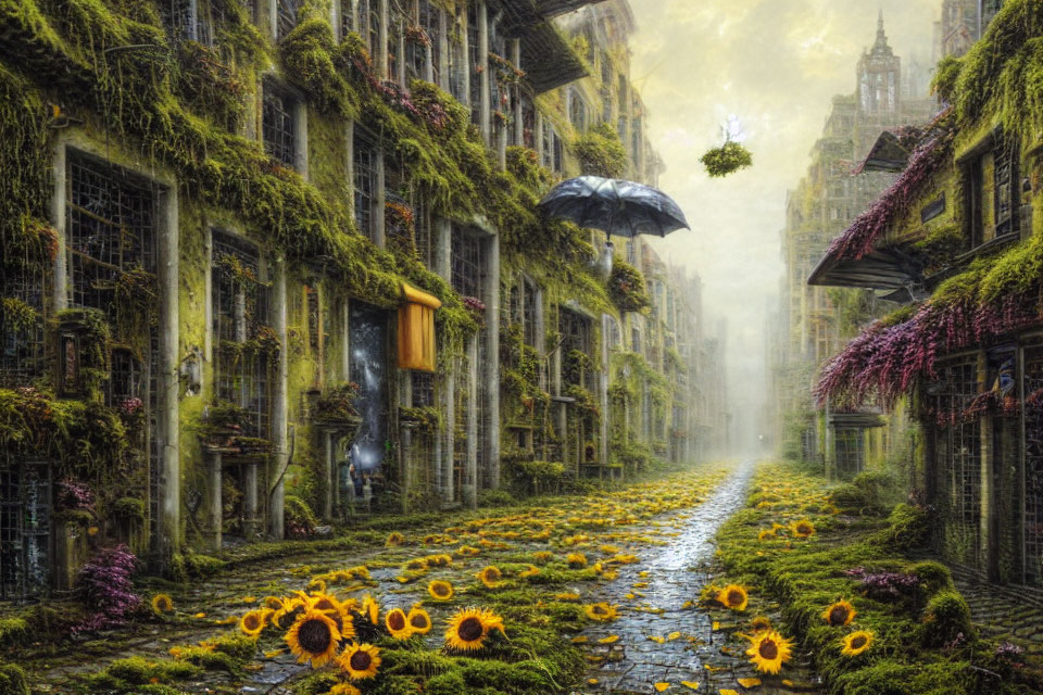 Fantastical street scene with overgrown buildings, sunflowers, and floating umbrella