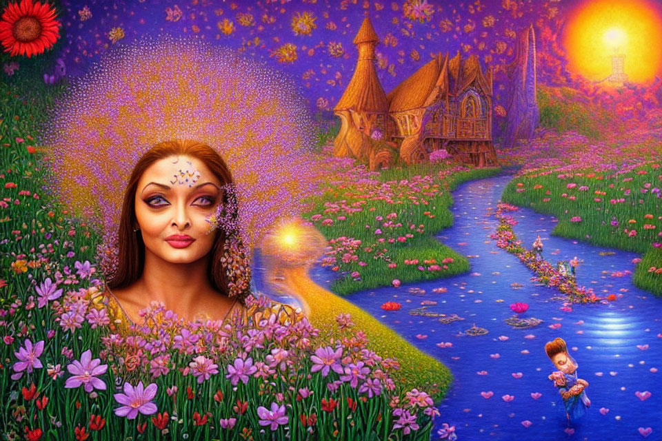 Colorful fantasy landscape with whimsical woman's face, flowers, stream, cottage, and glowing sun