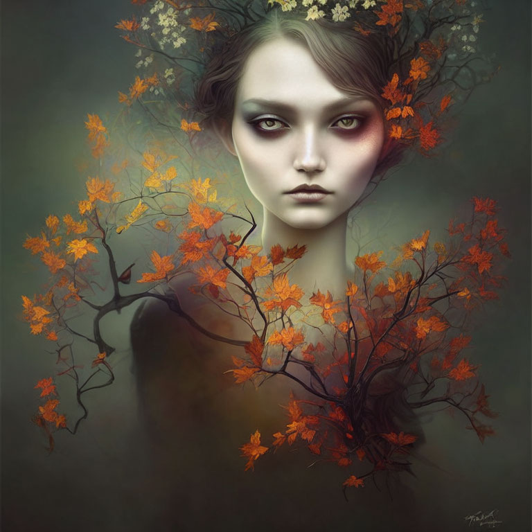 Surreal portrait with branches and autumn leaves sprouting from head