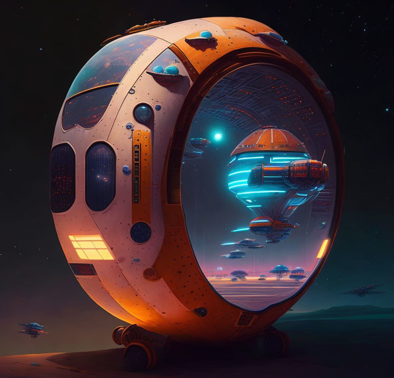 Futuristic spherical structure on foreign planet with flying vehicles in dusky sky
