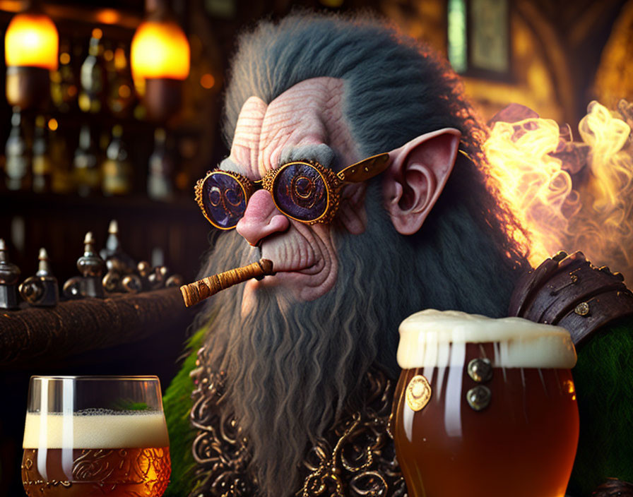 Fantasy illustration of gnome with beard, glasses, smoking pipe in tavern