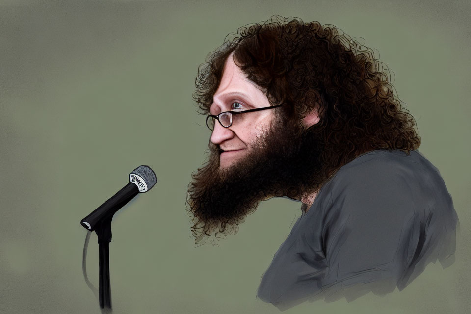 Curly-Haired Man with Beard and Glasses Smiling Sideways with Microphone