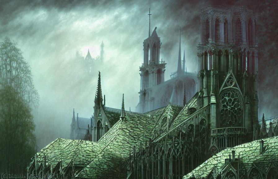 Gothic cathedral with eerie green glow in misty backdrop