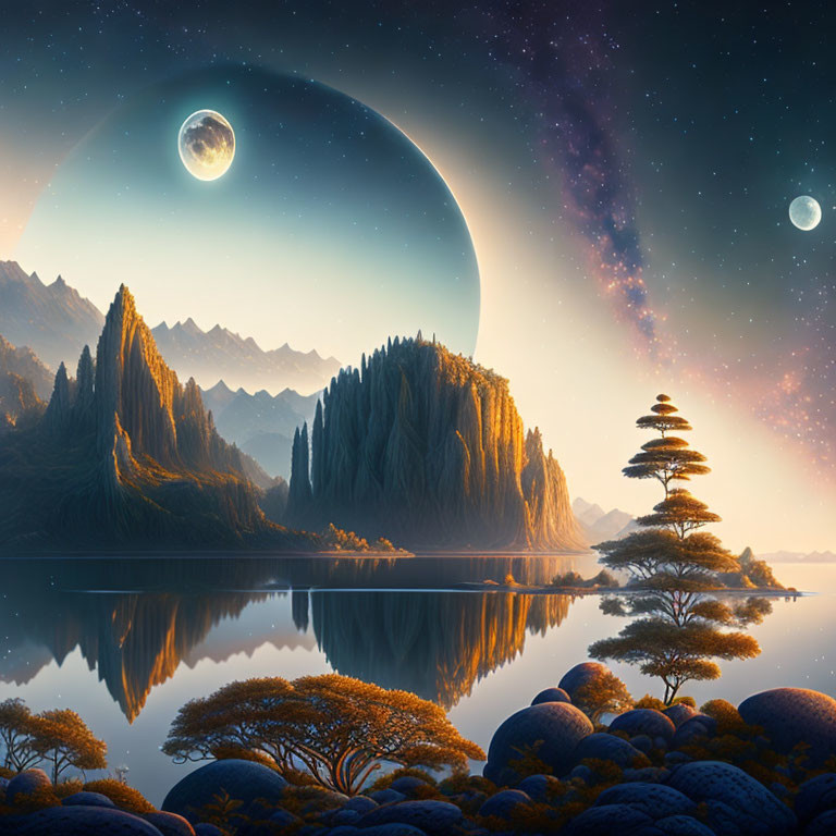 Fantasy landscape with towering rock formations, exotic trees, tranquil lake, and two moons