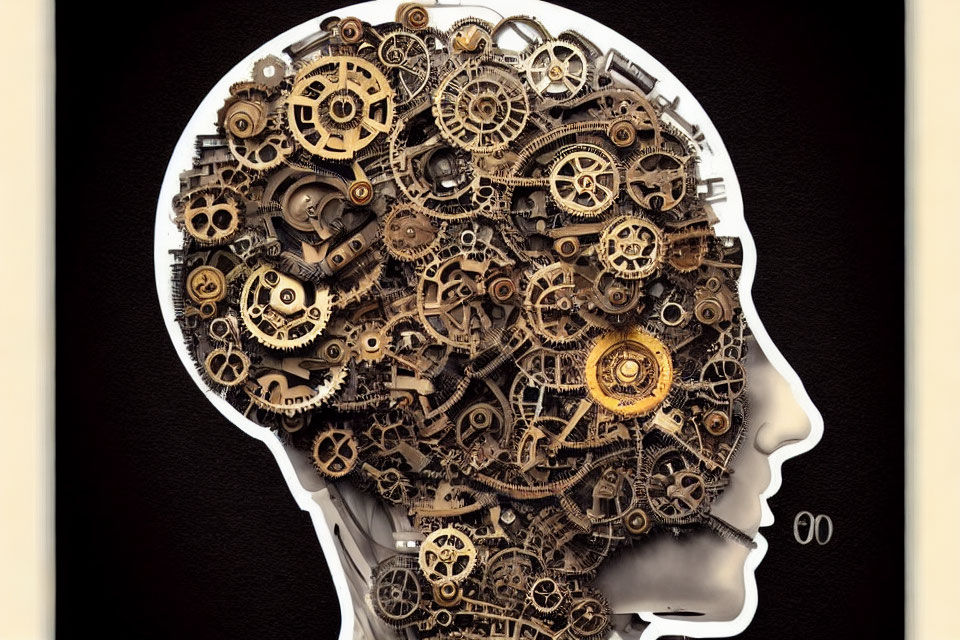 Profile silhouette with metallic gears and cogs on dark background symbolizing complex thinking.