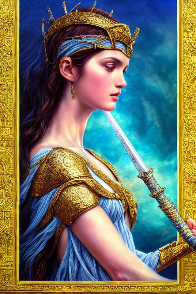 Regal woman in profile with crown and sword, dressed in blue and gold attire